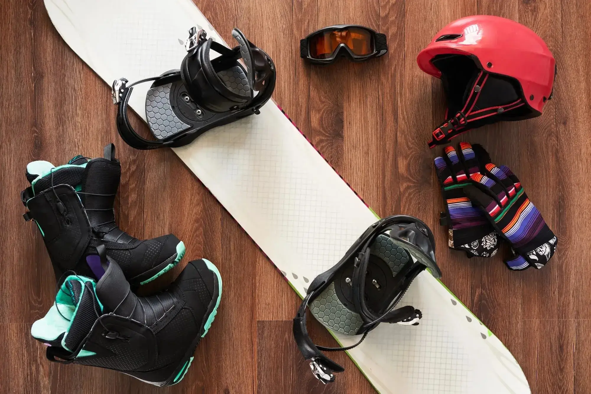 A complete snowboard setup including board, bindings, and boots.