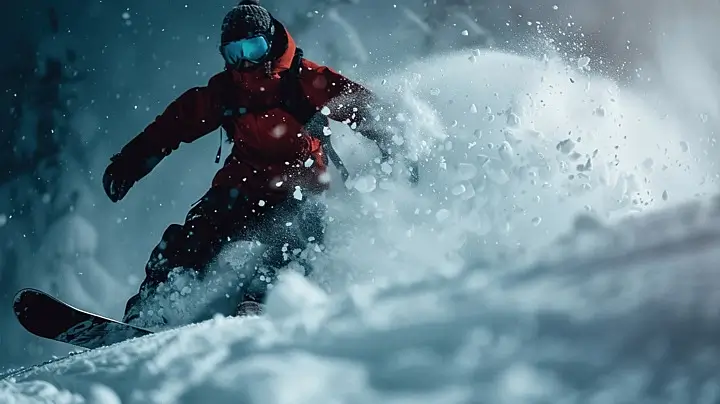 Snowboarder emerging from a cloud of powder snow.